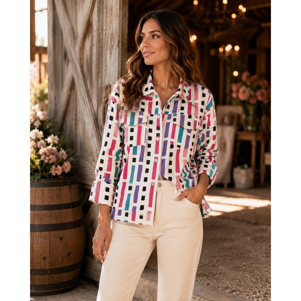 Emily Wonder Corduroy Geometric Print Button Down Shirt Jacket Women Small